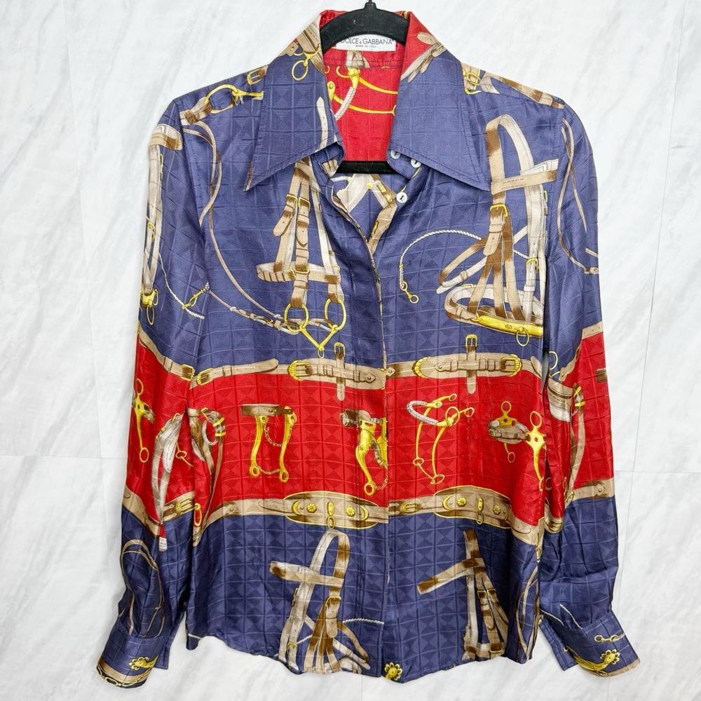 Dolce & Gabbana Blue and Red Equestrian Print Silk Shirt 40